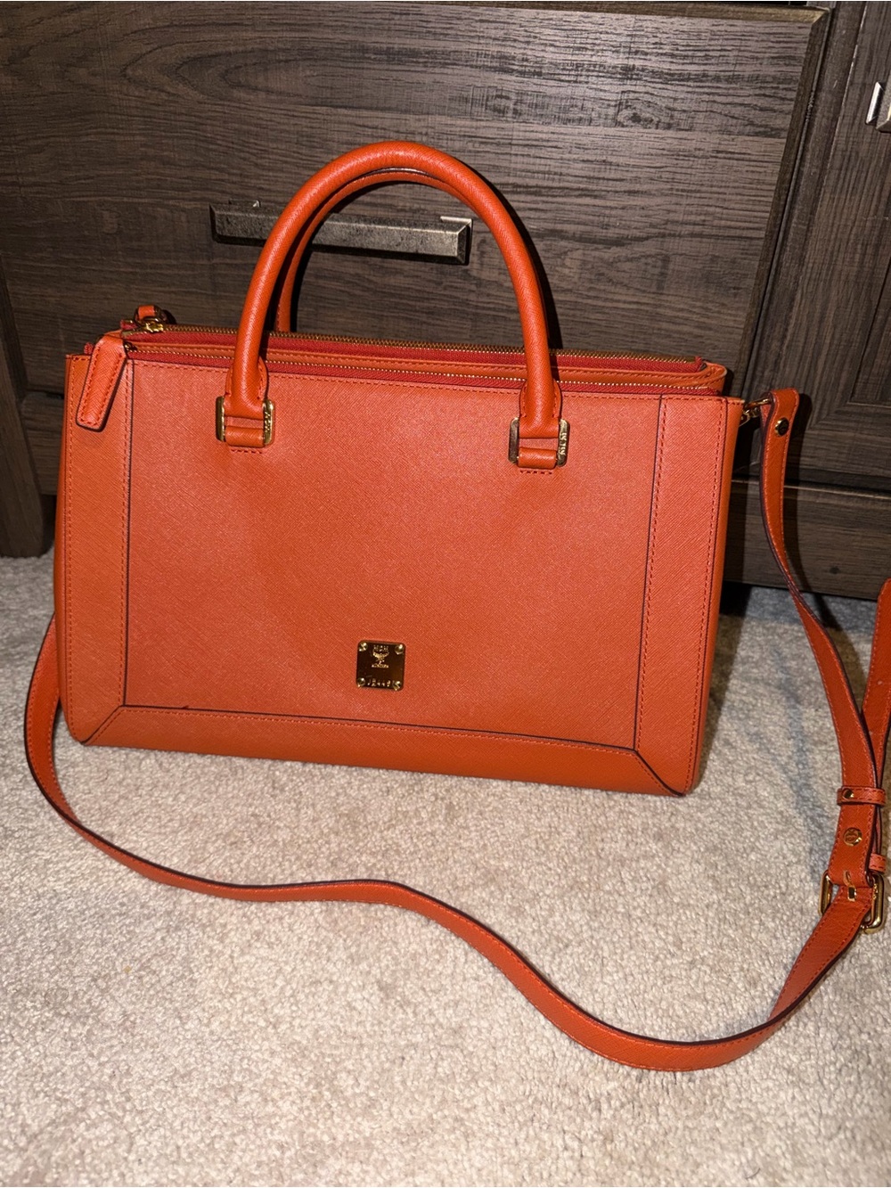 Orange Mcm Leather Tote Handbag with Top Handles and Shoulder Strap